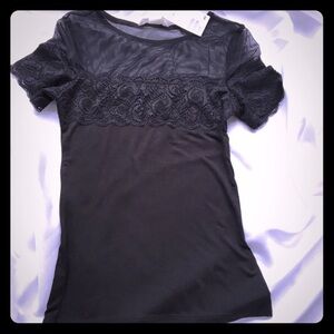 NWT H&M BLACK MESH AND LACE TEE XS